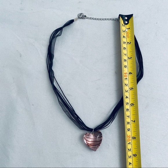 Black multi-strand ribbon and pink glass heart necklace - Picture 2 of 6